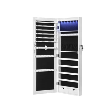 Hangende sieradencast met spiegel en LED - wit, MDF, afsluitbaar, 37 x 9,3 x 108 cm