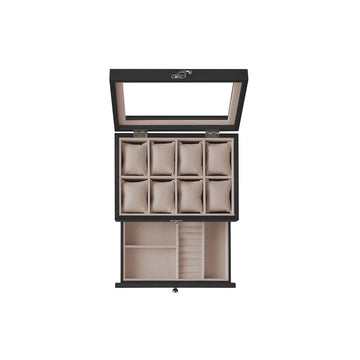 Horlogedoos - zwart - paulowniahout - fluwelen voering - glazen deksel - 19 x 27 x 12,5 cm