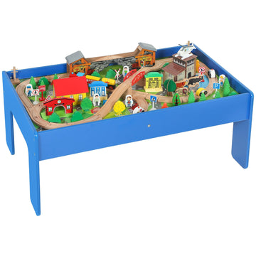 108-delige houten treinset met speeltafel | Kleur: Blauw | Afmetingen: 60.5x98x40 cm