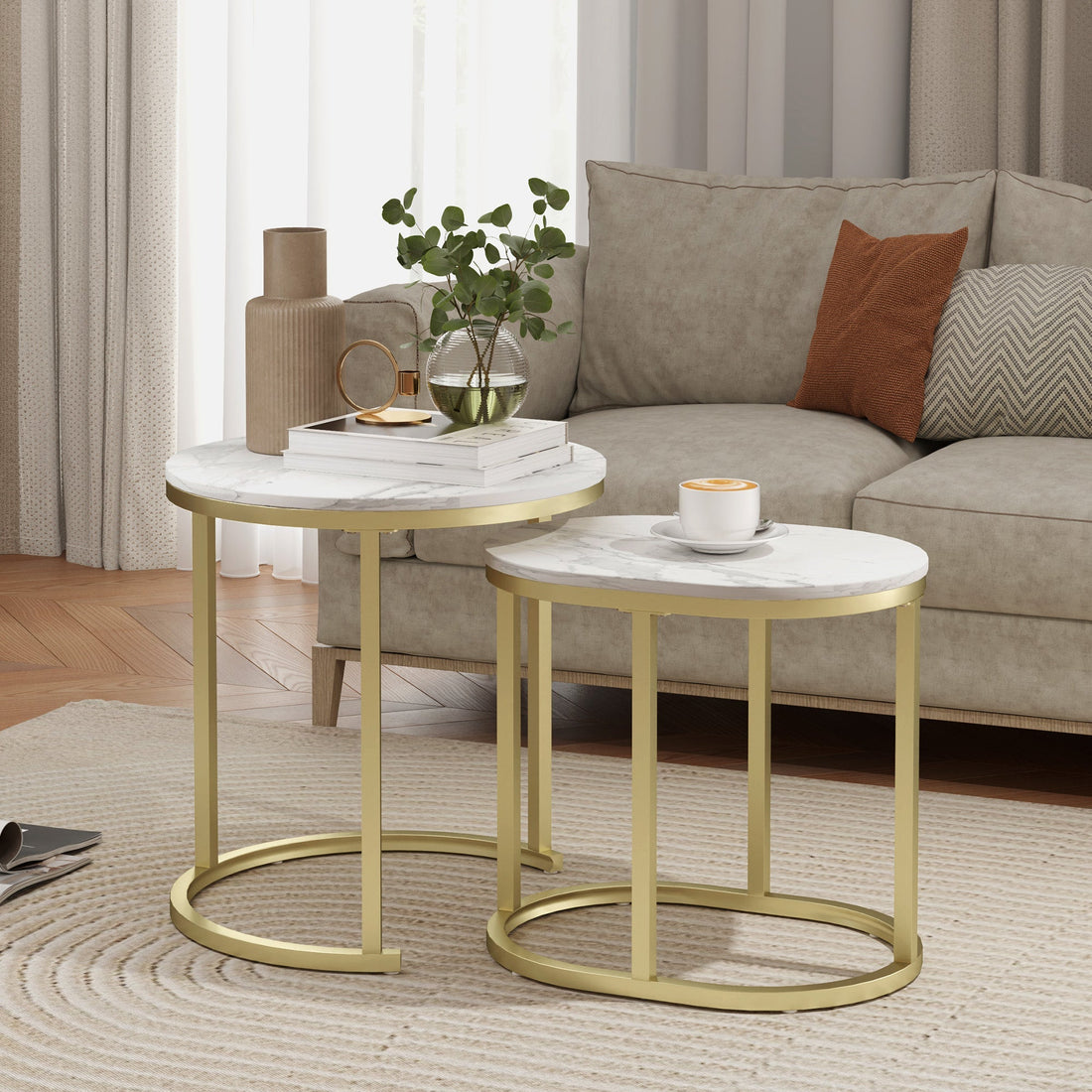 Set med 2 stapelbara soffbord | Färg: Vit, Guld | Mått: 50x50x50,5/60x36x43,5 cm