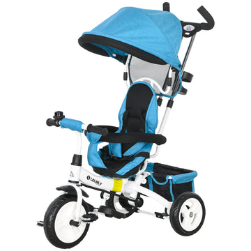 6-in-1 kindertrike met mandje en zonnedak | Kleur: Blauw | Afmetingen: 50x95x106 cm
