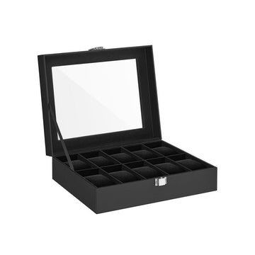 Horlogedoos voor 10 horloges met lade en glazen deksel - zwart - 20,2 x 25,5 x 7,8 cm