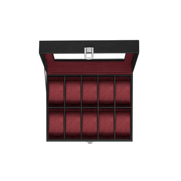 Horlogedoos - zwart PU - wijnrood fluweel - MDF - glazen deksel - 20,2 x 25,5 x 7,8 cm