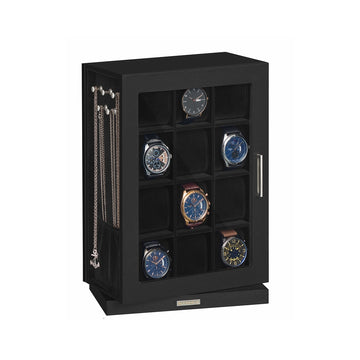 Horlogebox met 12 vakken en glazen vensters 360° draaibaar | Zwart | 23,4x15,2x33,5 cm