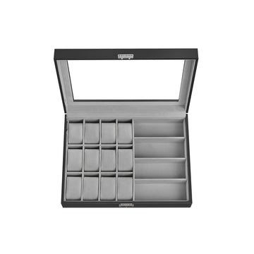 Afsluitbare horlogebox met 16 vakken | Tintenzwart | 39x29x8 cm
