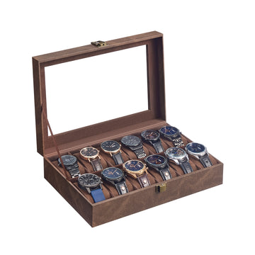 Horlogedoos met glazen deksel en metalen sluiting | Koffiebruin | 30,2x20,2x7,8 cm