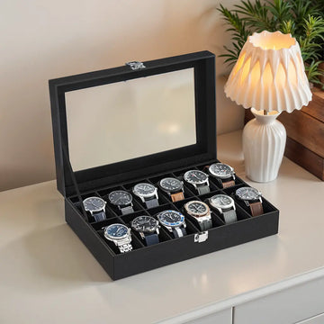 Horlogedoos met 12 vakken - vitrinedeksel - glas - zwart - 30 x 21 x 8.5 cm