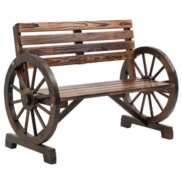 Houten tuinbank met wagonwiel-armleuningen | Kleur: Charred | Afmetingen: 56x105.5x79 cm