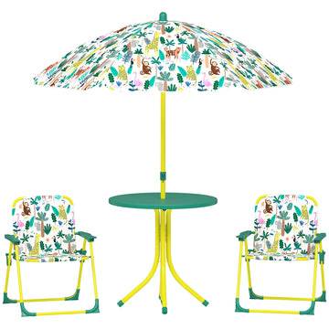 4-delige kindertafel met 2 klapstoelen en parasol | Kleur: Groen | Afmetingen: 49,5x49,5x50 cm