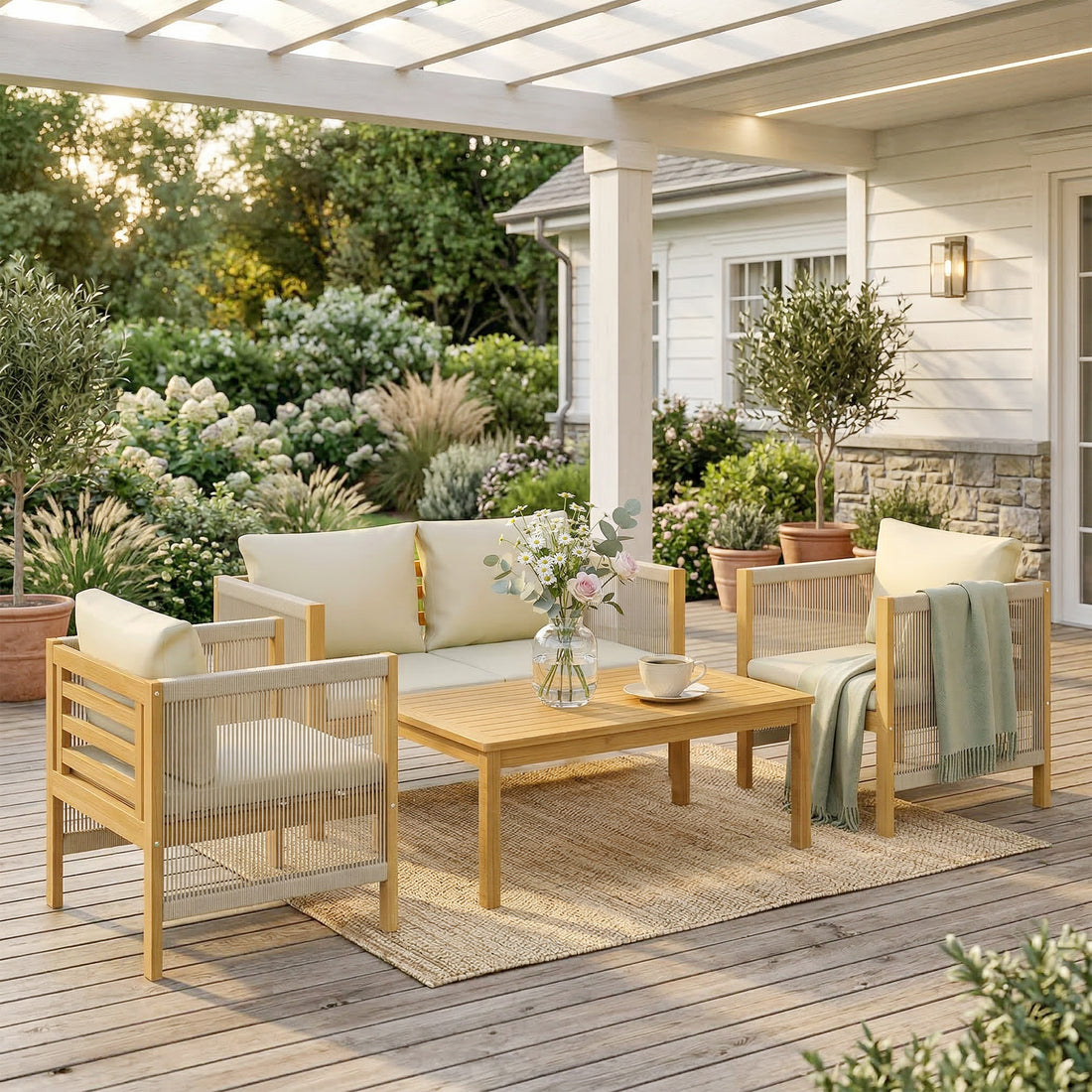 Tuinmeubelset 4-delig van acaciahout | Kleur: Beige | Afmetingen: 120x60x64 cm