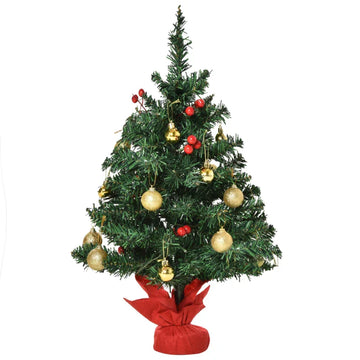Kunstkerstboom 60 cm met LED-verlichting | Kleur: Groen + rood + goud | Afmetingen: 20x20x60 cm