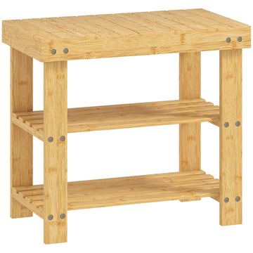 Bamboe schoenenbank met 2 rekken en zitvlak | Kleur: Bruin | Afmetingen: 50x28x45 cm