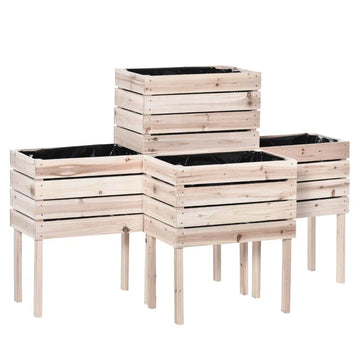 4-delige verhoogde plantenbakset - Houten plantenbak | Kleur: Naturel | Afmetingen: 30x50x60 cm