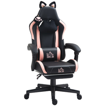 Gamingstoel met kattenoren en voetensteun | Kleur: Zwart | Afmetingen: 65x62x116-124 cm