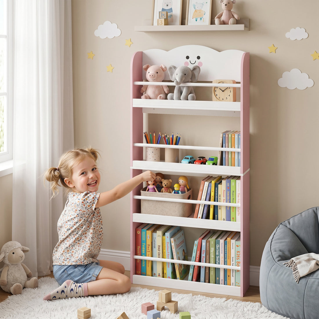 Kinderbücherregal mit 4 Etagen, Wandmontage | Farbe: Rosa | Abmessungen: 60x15x120,5 cm