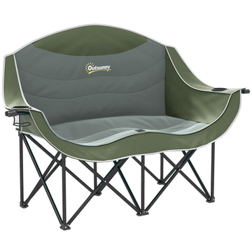 Opvouwbare 2-zits campingstoel met bekerhouders, 250 kg | Kleur: Groen | Afmetingen: 50x143x90 cm