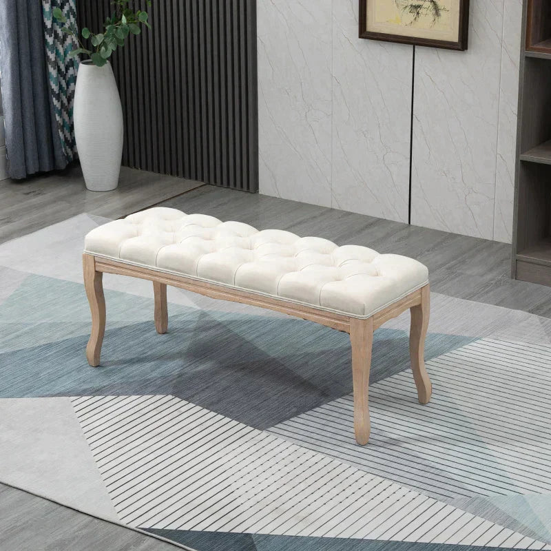 Gestoffeerde bank met knopen | Kleur: beige+nature | Afmetingen: 110x40x48 cm