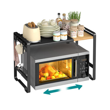 Uitbreidbaar magnetronrek met 4 haken | Tintenzwart-natuurbeige | 41,5-64x31,5x42 cm