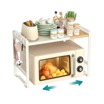 Uitbreidbaar magnetronrek met 4 haken | Cremewit-natuurbeige | 41,5-64x31,5x42 cm