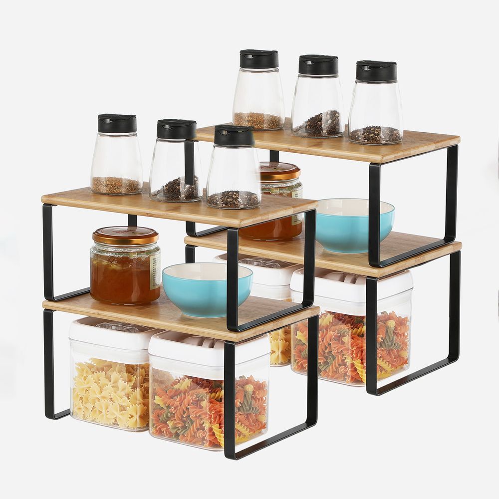 Set van 4 keukenorganizers - stapelbaar - bamboe/metaal - zwart/naturel