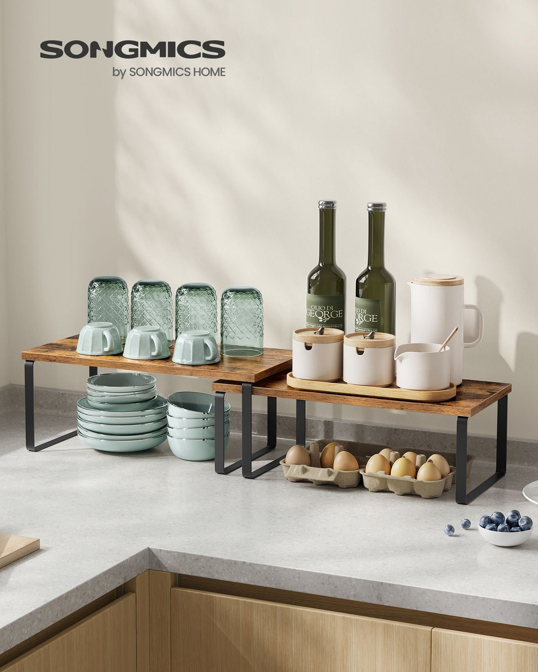 2-delige cakestandaard set - metaal en hout - vintage bruin
