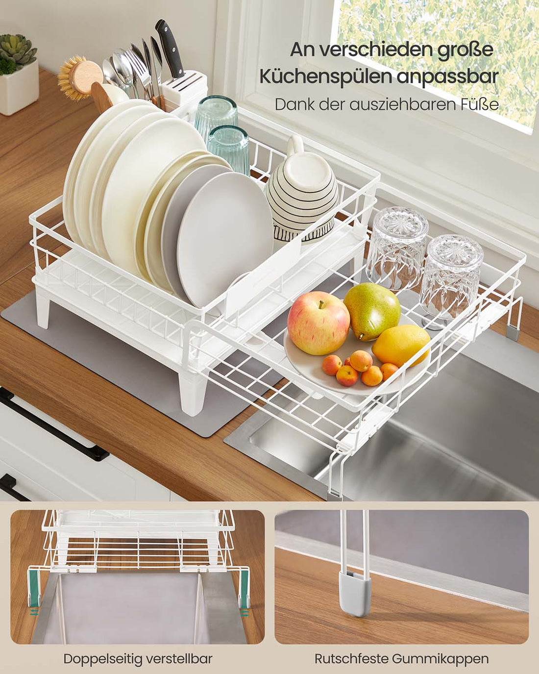 Wasdroogrek - ruimtebesparend - staal & PP - wit - 31-56 x 42 x 20 cm
