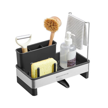 Spoelbakorganizer met houder voor sponzen en borstels | Inktzwart-zilver | 24,7x12,7x23 cm