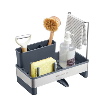Spoelbakorganizer met houder voor sponzen en borstels | Leisteengrijs-zilver | 24,7x12,7x23 cm