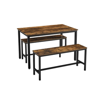 Vintage eettafelset bruin-zwart - houtspaanplaat en staal - tafel met banken - 110 x 70 x 75 cm