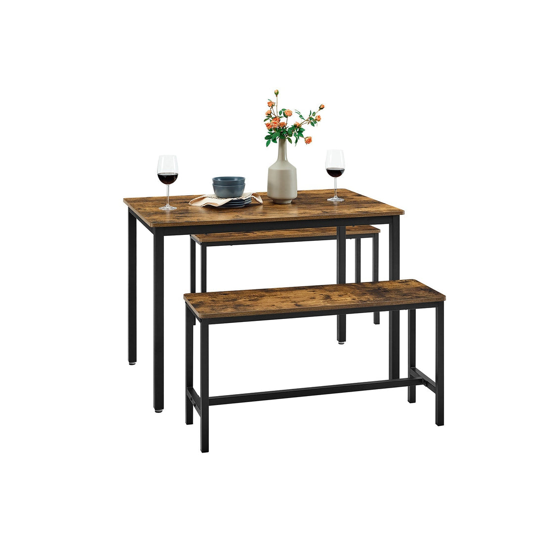 Vintage Esszimmergarnitur braun-schwarz - Holzspanplatte und Stahl - Tisch mit Bänken - 110 x 70 x 75 cm
