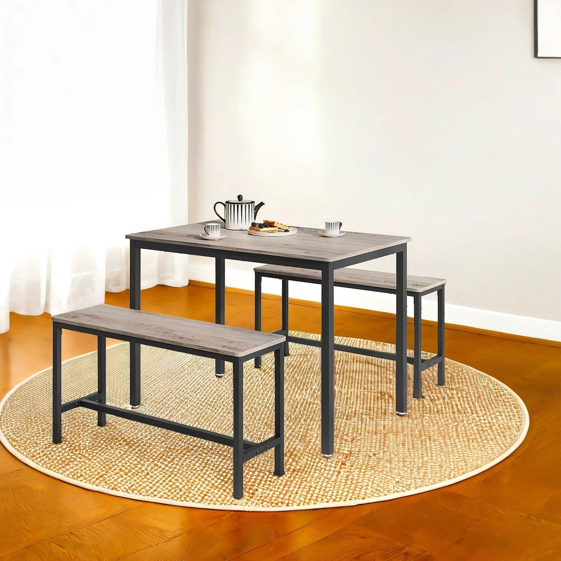 3-teilige Essecke – Tisch und Bänke – Spanplatte und Stahl – 70x110x75 cm