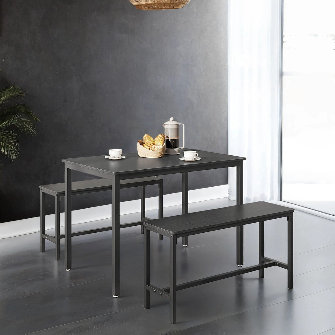 Schwarzes Esszimmer-Set 3-teilig mit Bänken – Stahl, 70x110x75 cm