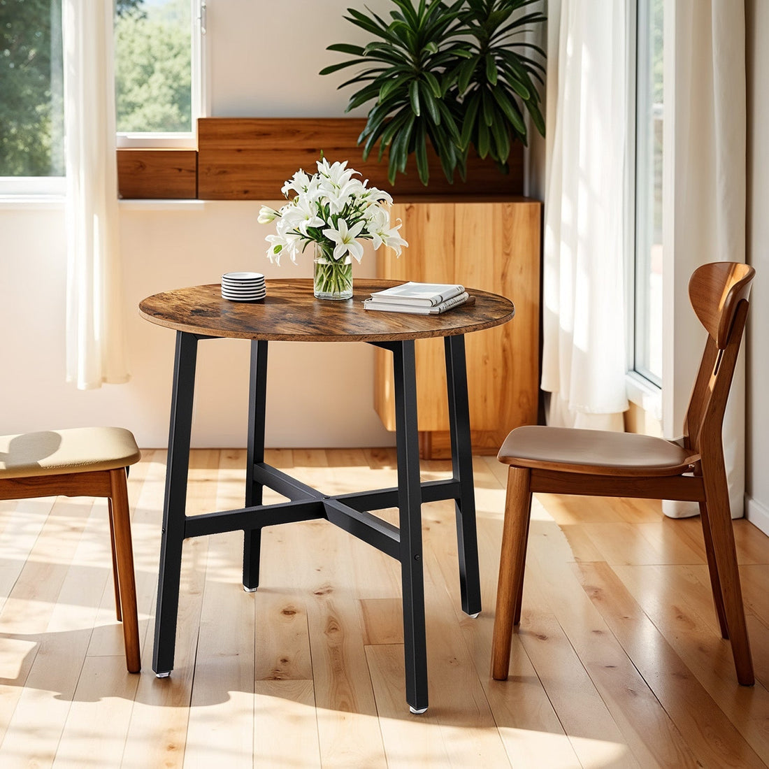 Ronde eettafel bruin/zwart - houten spaanplaat - 80 x 75 cm