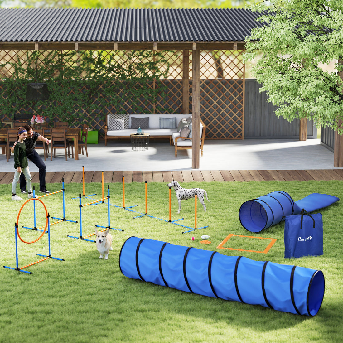11-teiliges Agility-Set für Hunde mit Tunneln | Farbe: Orange | Abmessungen: 350x68x70 cm