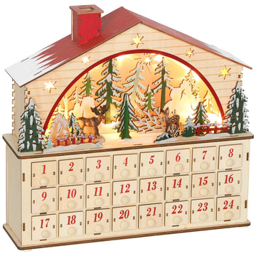 Houten adventskalender met 24 laden en LED-verlichting | Kleur: Bruin | Afmetingen: 36x10x34 cm