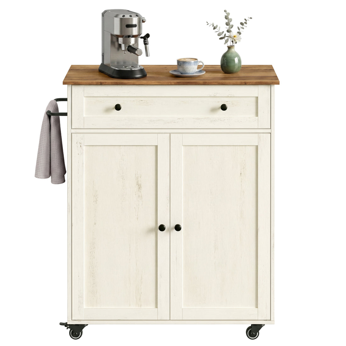 Keukenwagen met kast en lade in landelijke stijl | Wolkenwit-honingbruin | 78,5x40x89,2 cm