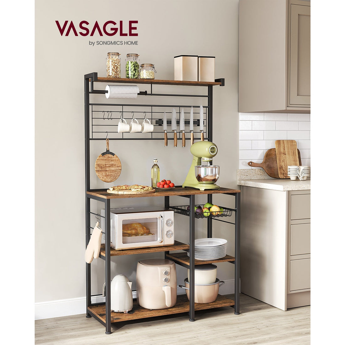 Kökshylla vintage brun-svart – spånskiva och stål – 42 x 90 x 167,3 cm