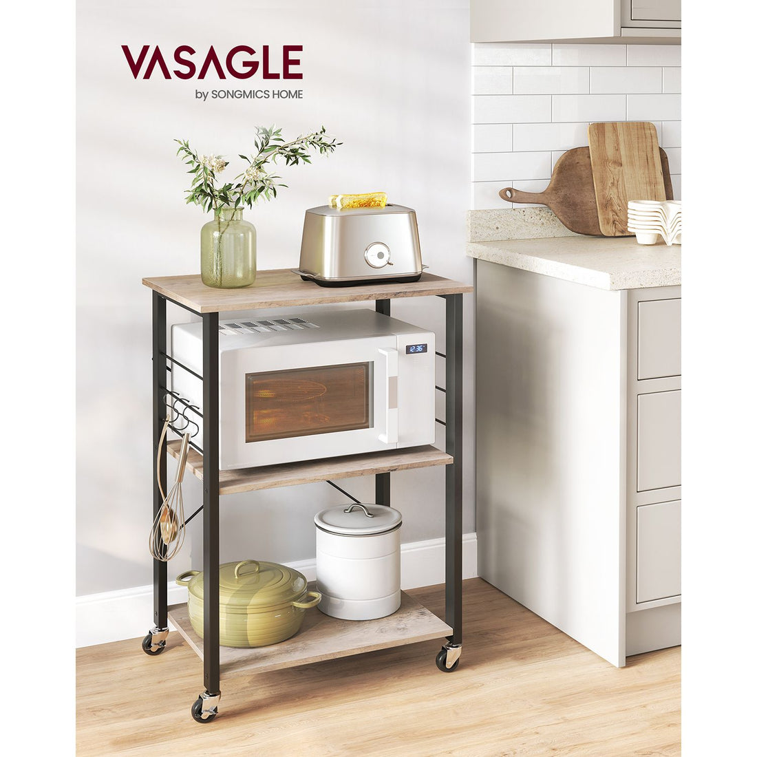 Mobiel opbergrek met wielen - spaanplaat/staal - 80 kg - greige/zwart - 40 x 60 x 89 cm