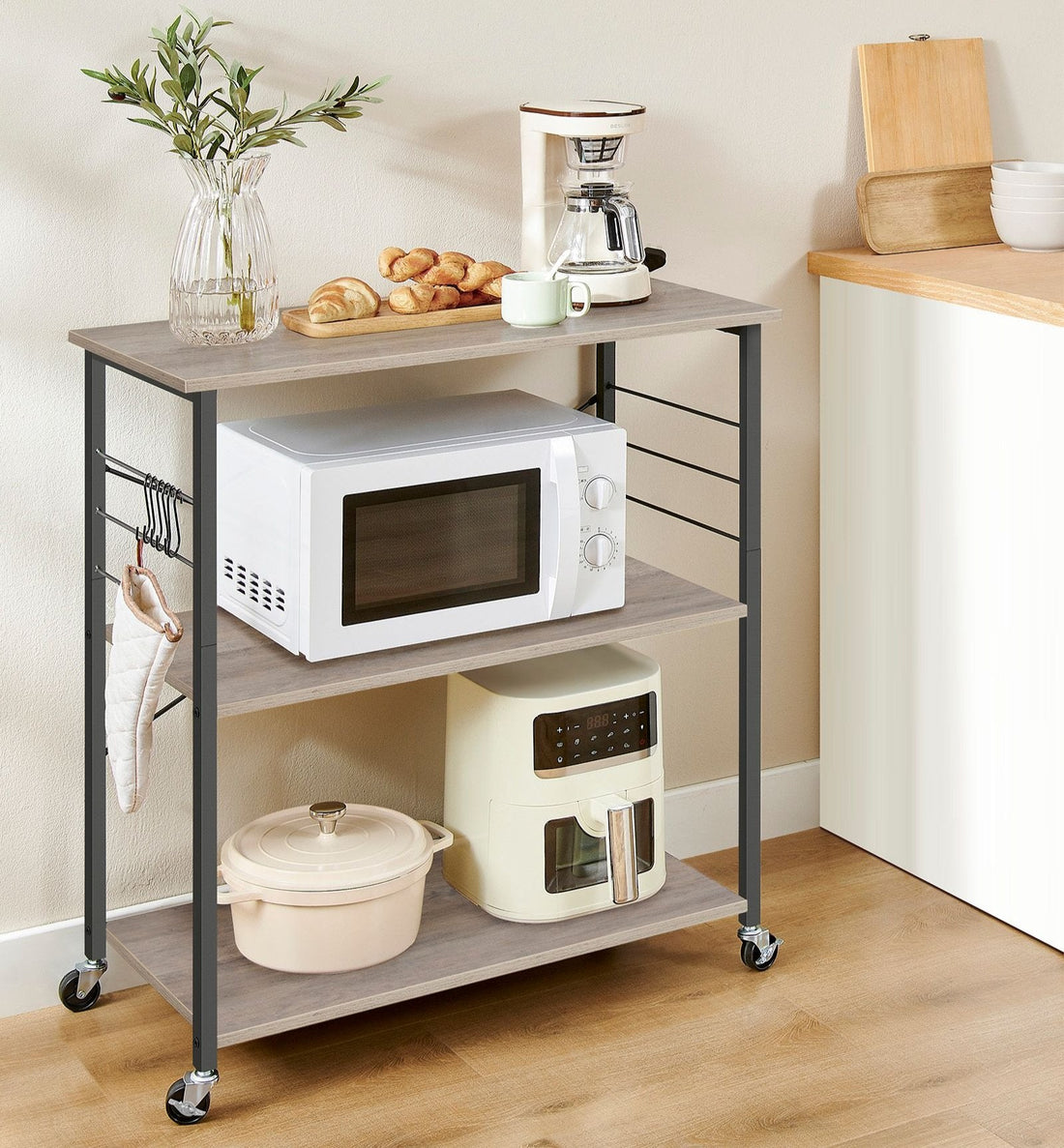 Keukenrek met 3 niveaus op wielen - Greige/zwart - 40 x 80 x 89 cm