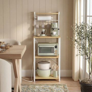 Keukenrek met 4 niveaus, laadstation en 8 haken | Goud eiken-wit | 45x40x140 cm