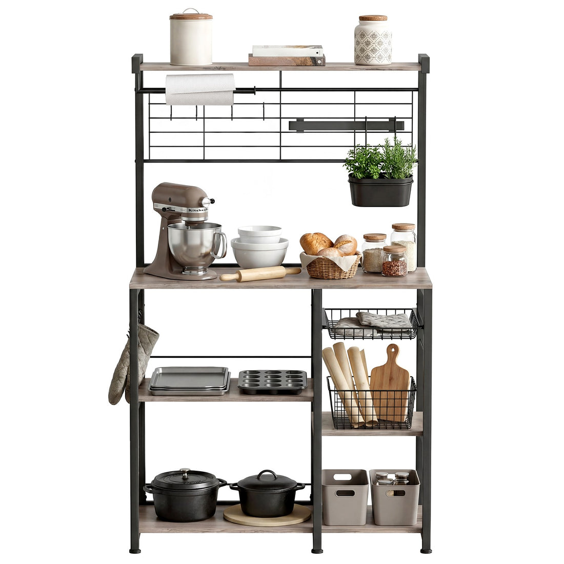 Keukeneiland met plank, magnetische messenstrip en draadmand | Greige-zwart | 90x42x167 cm