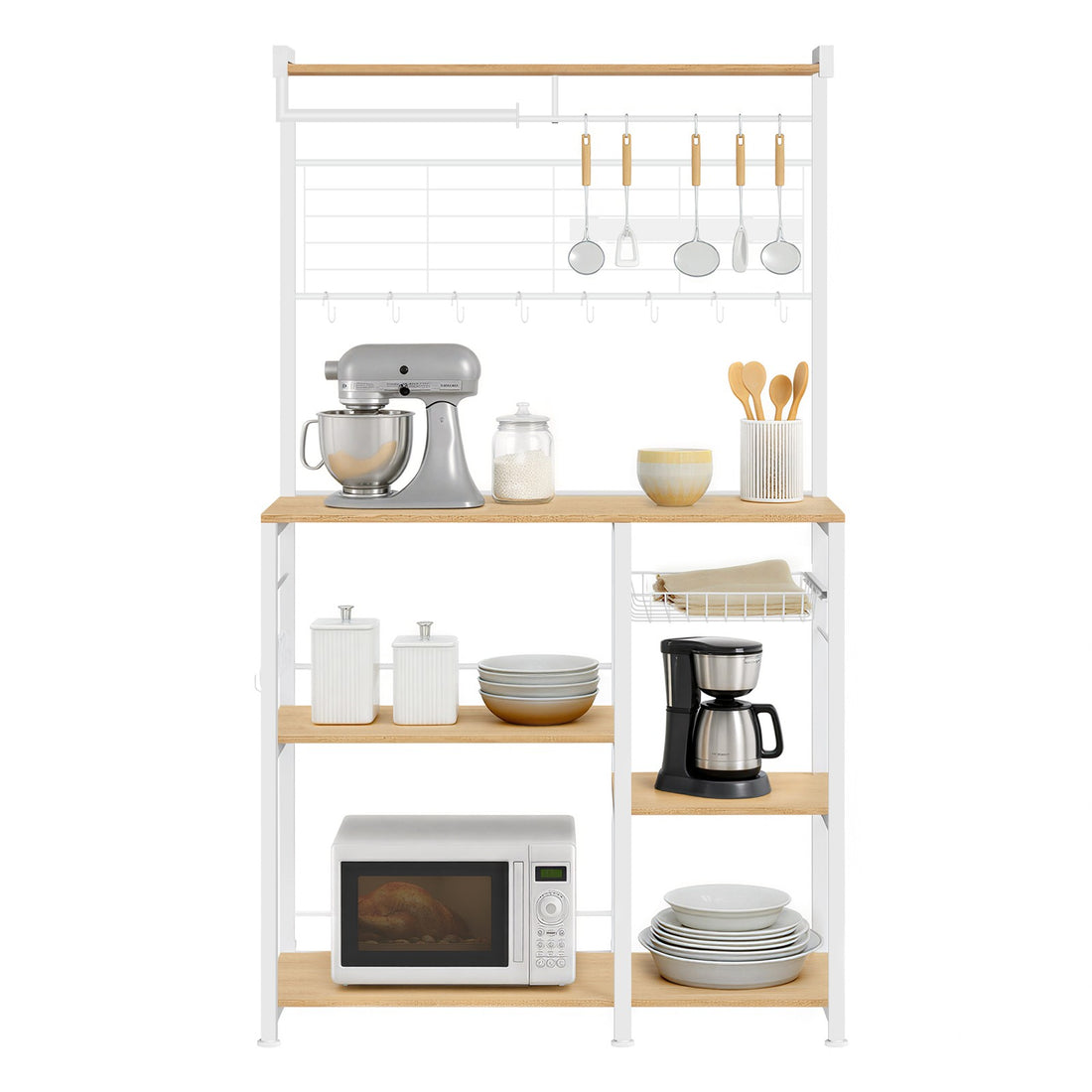 Keukeneiland met plank, magnetische messenstrip en draadmand | Goud eiken-wit | 90x42x167 cm