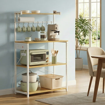 Keukenrek met 4 niveaus, laadstation en 8 haken | Goud eiken wit | 80x40x140 cm