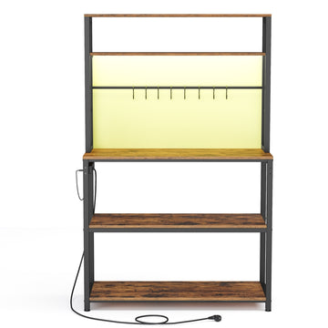 Keukenrek met ledverlichting, stopcontacten en verstelbare planken | Bruin-Zwart | 80x40x168,4 cm