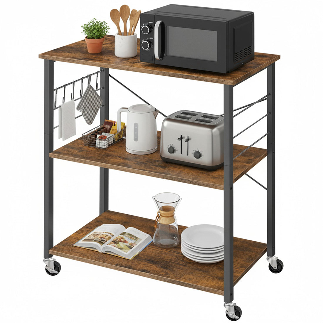 Keukenwagen met 3 niveaus op wielen voor magnetron | Bruin-Zwart | 80x40x89 cm