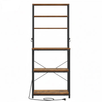 Keukenrek op wielen, magnetronrek met 6 planken en haken | Bruin-Zwart | 60x40x169 cm
