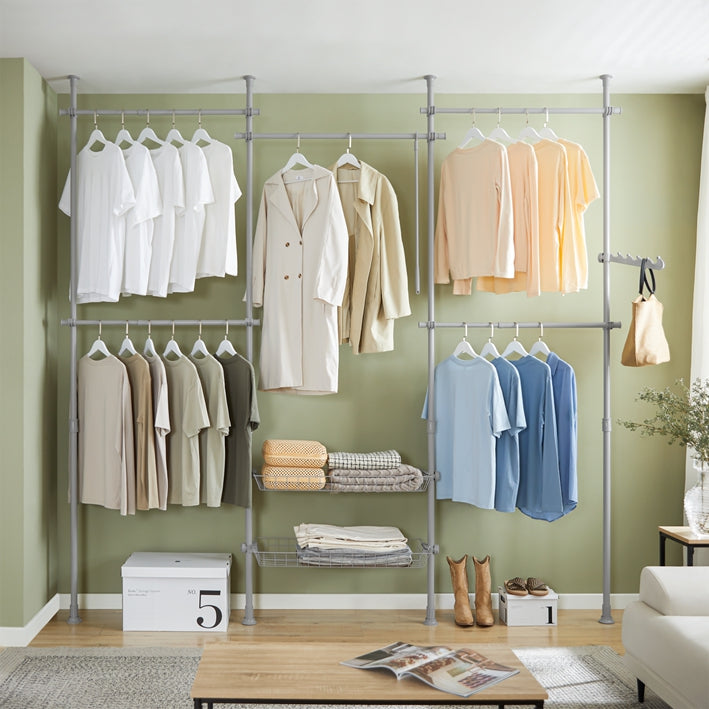 Verstelbaar Telescopisch Kledingrailsysteem - Plank - Garderobe-organizer - Ruimtebesparend ontwerp - Eenvoudige montage - Variabele afmeting B(209-311)cm x H(200-285)cm - Lichtgrijs