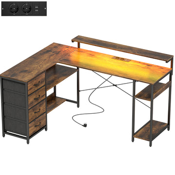 Gamingbureau L-vormig met LED en 4 laden | Kleur: Rustiek-Bruin | Afmetingen: 155x110x91.4 cm