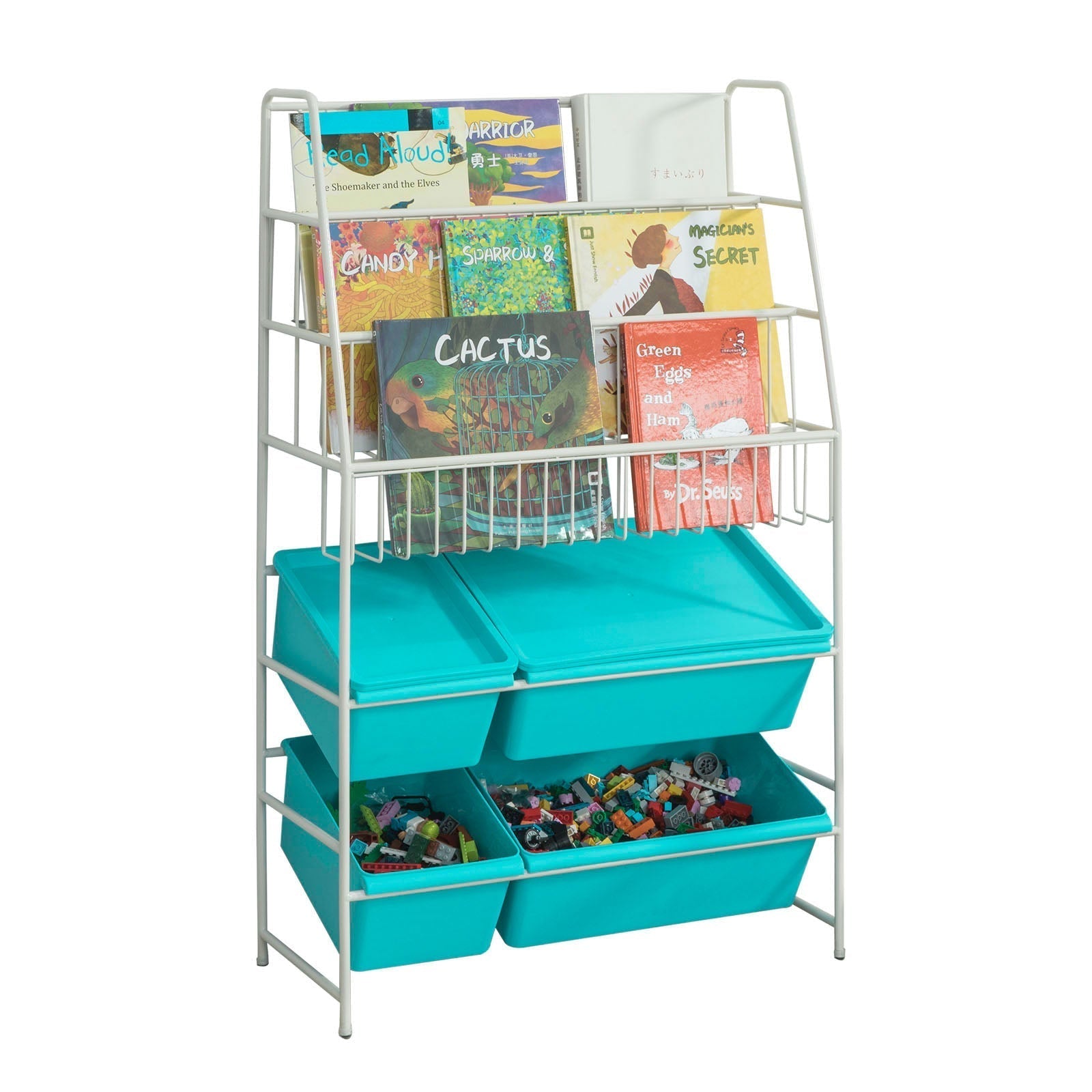 Kinderboekenplank met speelgoedopbergruimte - Organisatorplank - Kinderboekenkast - Duurzaam metaal en PP-kunststof - Versterkte stabiele voeten - 61 cm x 102 cm x 25 cm