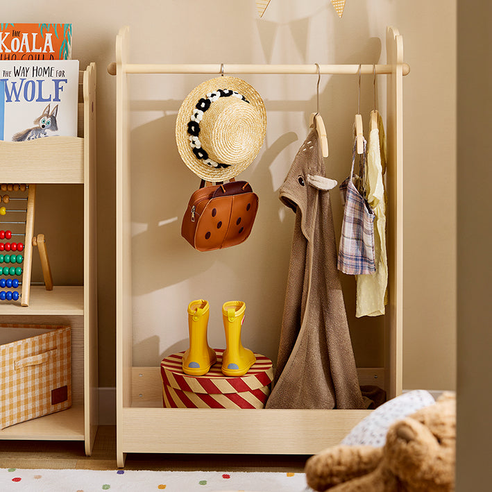 Kinderkledingrek - Kinderkledingstandaard - Ophangrail - Massief houten staaf - Schoenenopberger - 71 cm x 110 cm x 40 cm